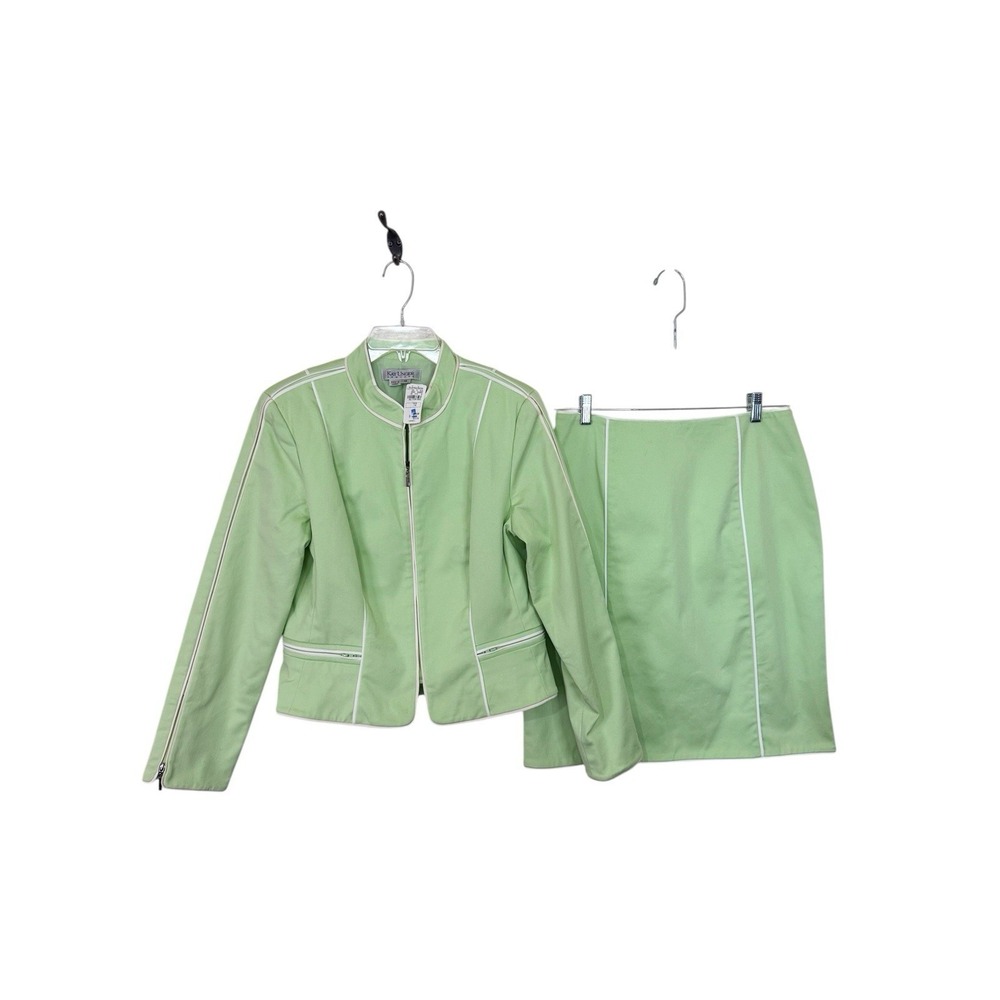 KAY UNGER Woman skirt suit 2 PC Sz 12 Green Blazer Skirt, White Piping NWT